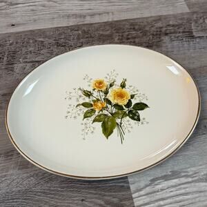 Vintage Oval Serving Platter Yellow Roses 22K Gold Trim Made in USA